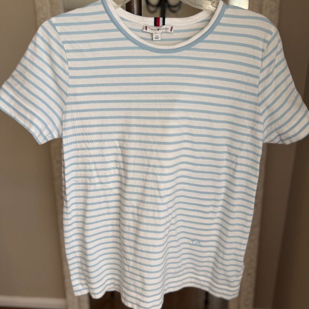 Tommy Hilfiger Blue White Striped Tee Shirt with embroidered Logos